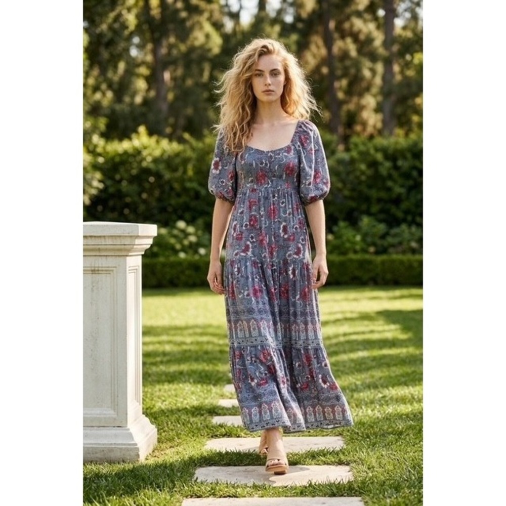 Knox Rose Blue Floral Tiered Maxi Dress Puff Sleeve Boho Smocked Back XS